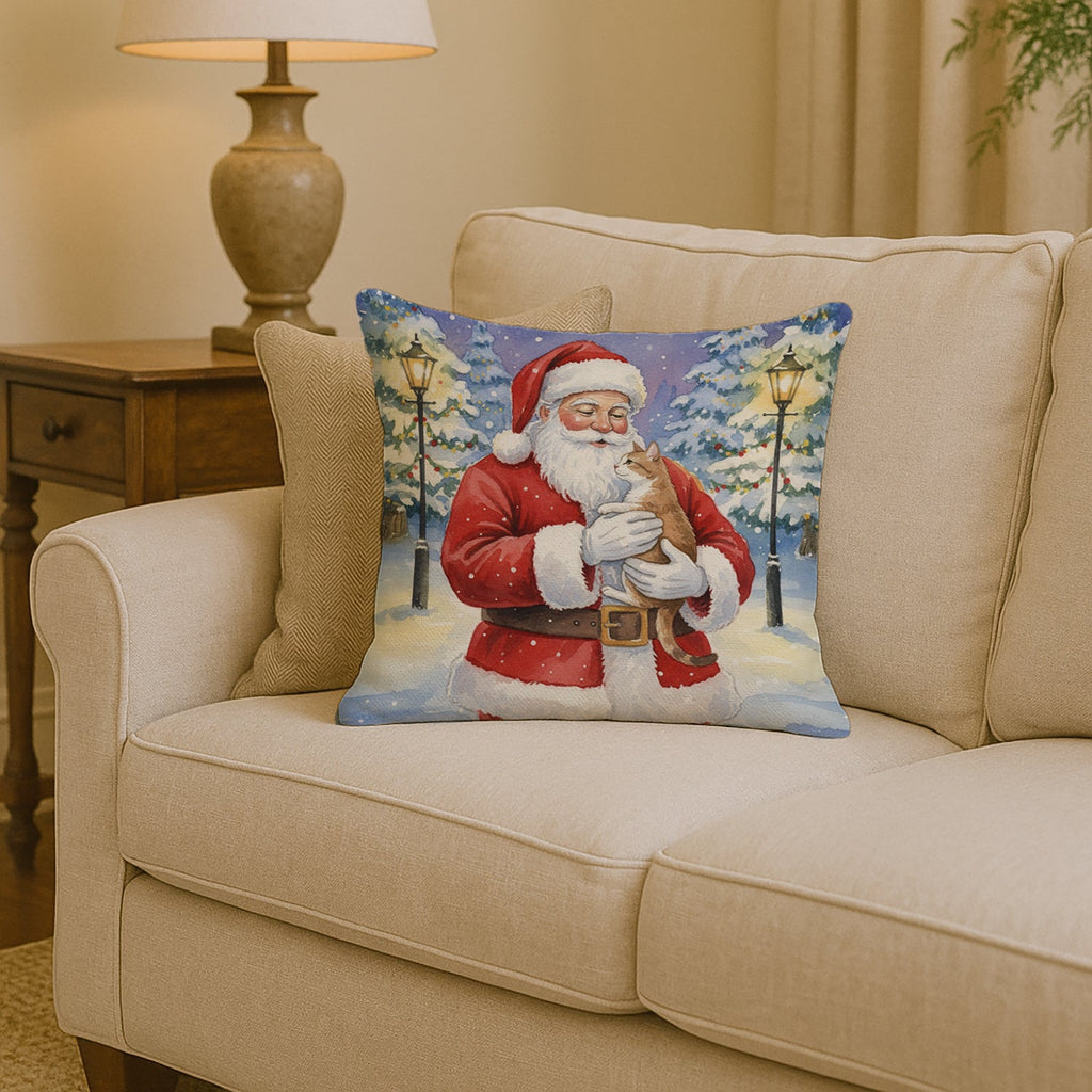 Manx Cat with Santa Claus Decorative Throw Pillow 14x14 Indoor Outdoor Accent Cushion, Fabric Cover with Insert for Sofa, Bed, Porch & Living Room