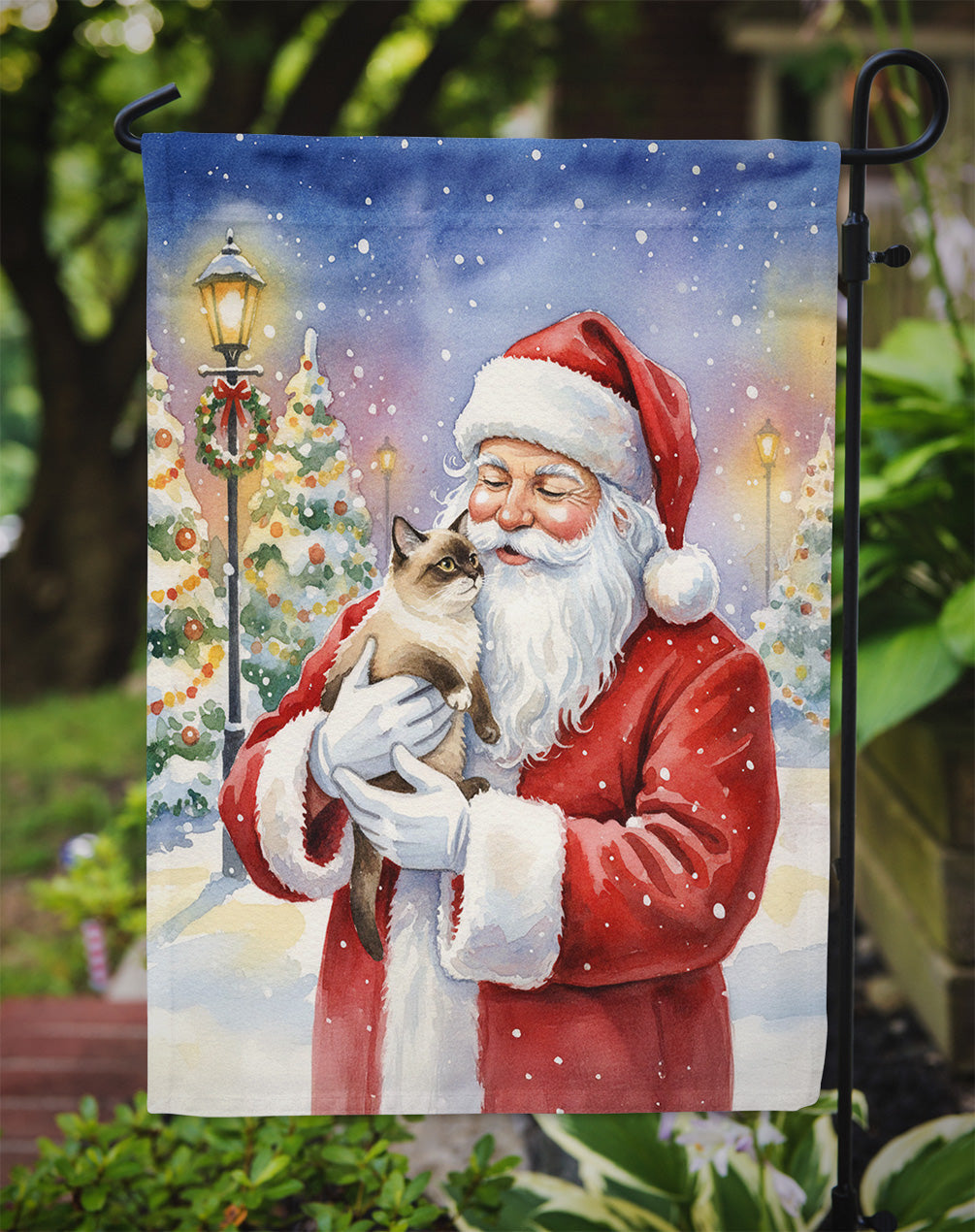 Mekong Bobtail Cat with Santa Claus Garden Flag Mailbox Decorative Yard Banner Outside Patio Artwork for Flower Beds, Garden Size, Multicolor