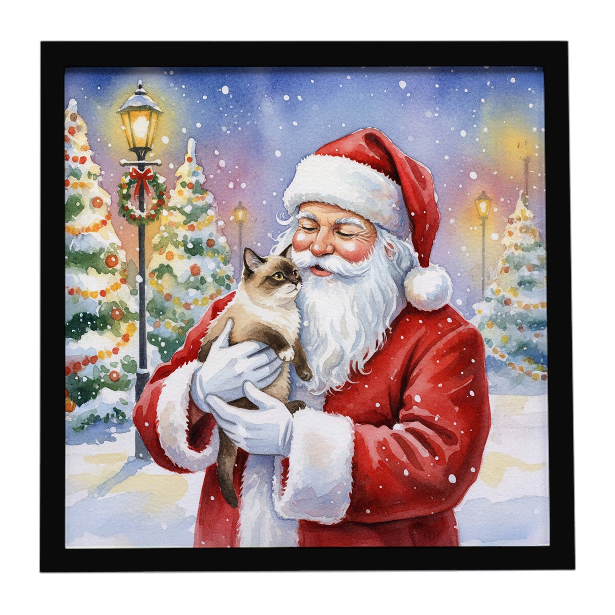 Mekong Bobtail Cat with Santa Claus Framed Metal Print Bathroom, Kitchen, Office, Home Decor Wall Art Ready to Hang, Square, 8X8