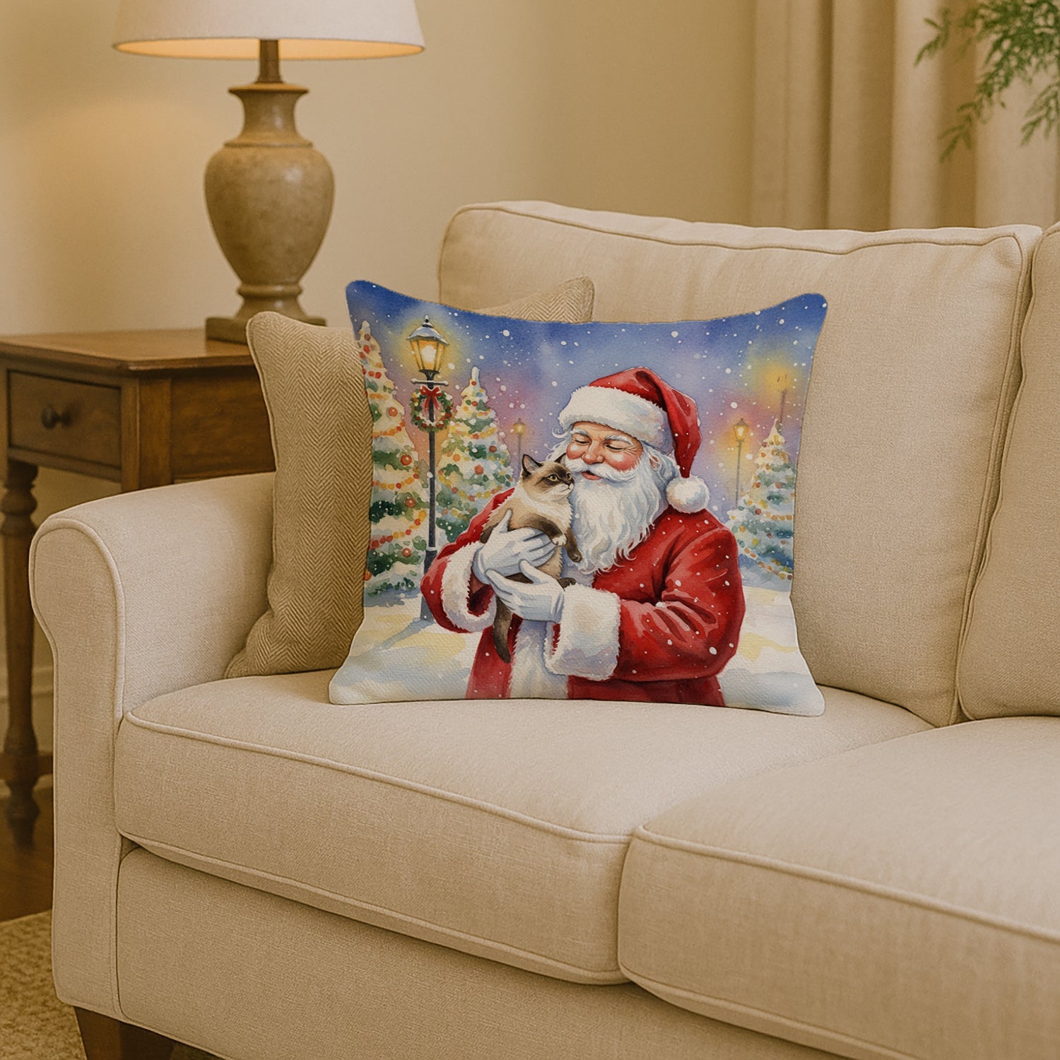 Mekong Bobtail Cat with Santa Claus Decorative Throw Pillow 14x14 Indoor Outdoor Accent Cushion, Fabric Cover with Insert for Sofa, Bed, Porch & Living Room