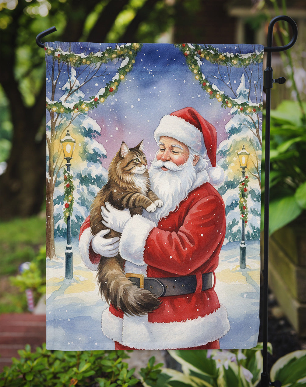 Norwegian Forest Cat Brown Tabby with Santa Claus Garden Flag Mailbox Decorative Yard Banner Outside Patio Artwork for Flower Beds, Garden Size, Multicolor