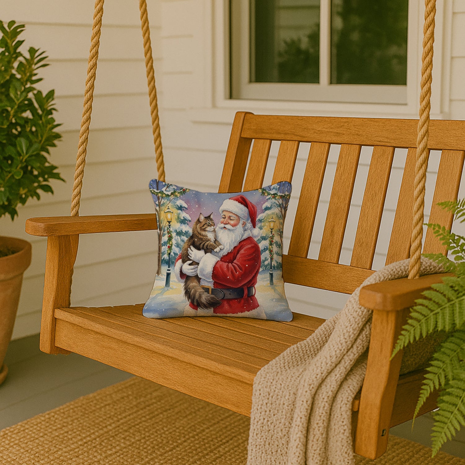 Norwegian Forest Cat Brown Tabby with Santa Claus Decorative Throw Pillow 14x14 Indoor Outdoor Accent Cushion, Fabric Cover with Insert for Sofa, Bed, Porch & Living Room