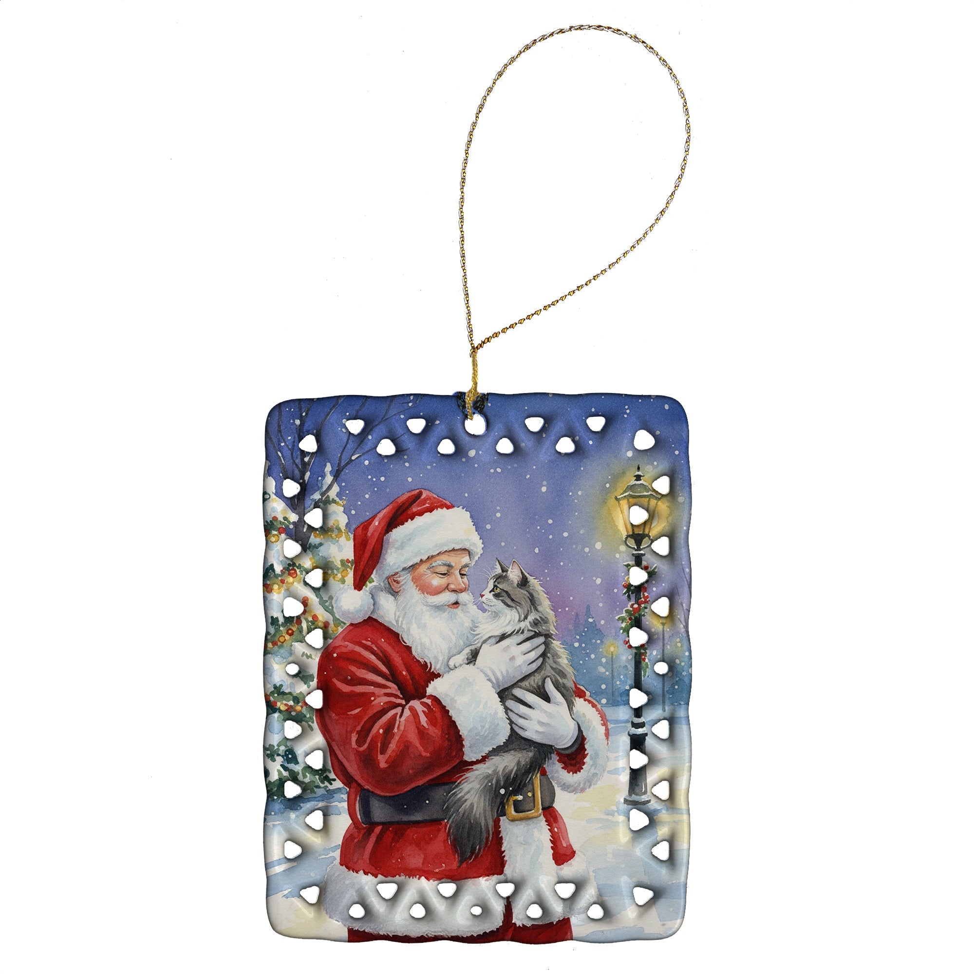 Norwegian Forest Cat Gray and White with Santa Claus Porcelain Ornament Christmas Tree Hanging Decorations for Home Christmas Holiday, Rectangle, Gift, Multicolor