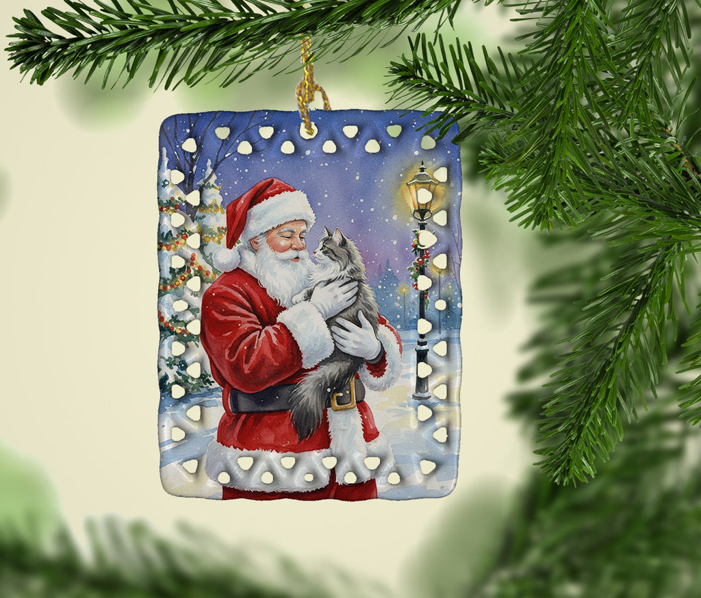 Norwegian Forest Cat Gray and White with Santa Claus Porcelain Ornament Christmas Tree Hanging Decorations for Home Christmas Holiday, Rectangle, Gift, Multicolor