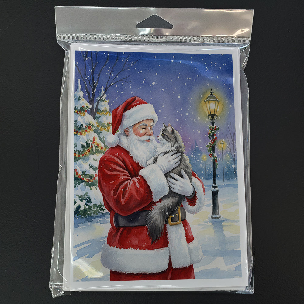 Norwegian Forest Cat Gray and White with Santa Claus Greeting Cards Pack of 8 Blank Cards with Envelopes Whimsical A7 Size 5x7