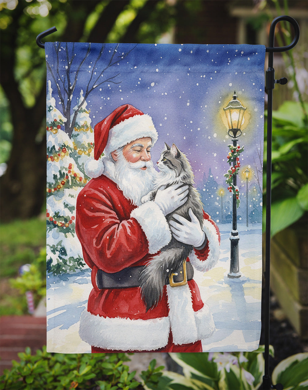 Norwegian Forest Cat Gray and White with Santa Claus Garden Flag Mailbox Decorative Yard Banner Outside Patio Artwork for Flower Beds, Garden Size, Multicolor