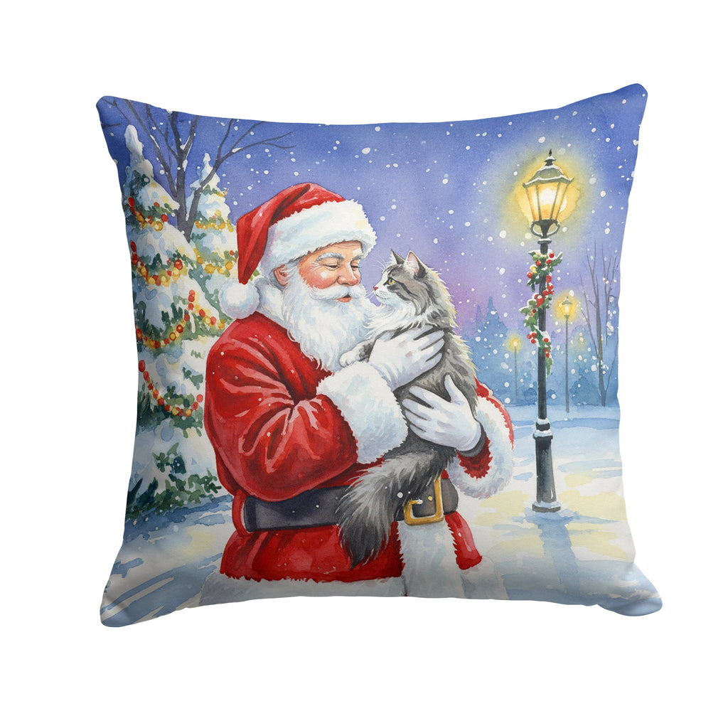 Norwegian Forest Cat Gray and White with Santa Claus Decorative Throw Pillow 14x14 Indoor Outdoor Accent Cushion, Fabric Cover with Insert for Sofa, Bed, Porch & Living Room