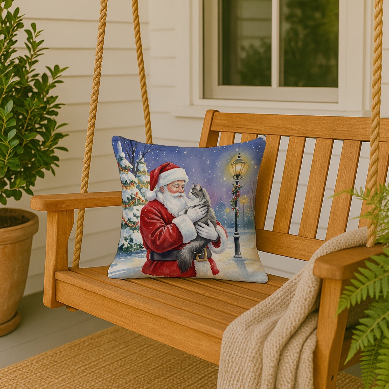 Norwegian Forest Cat Gray and White with Santa Claus Decorative Throw Pillow 18x18 Indoor Outdoor Accent Cushion, Fabric Cover with Insert for Sofa, Bed, Porch & Living Room