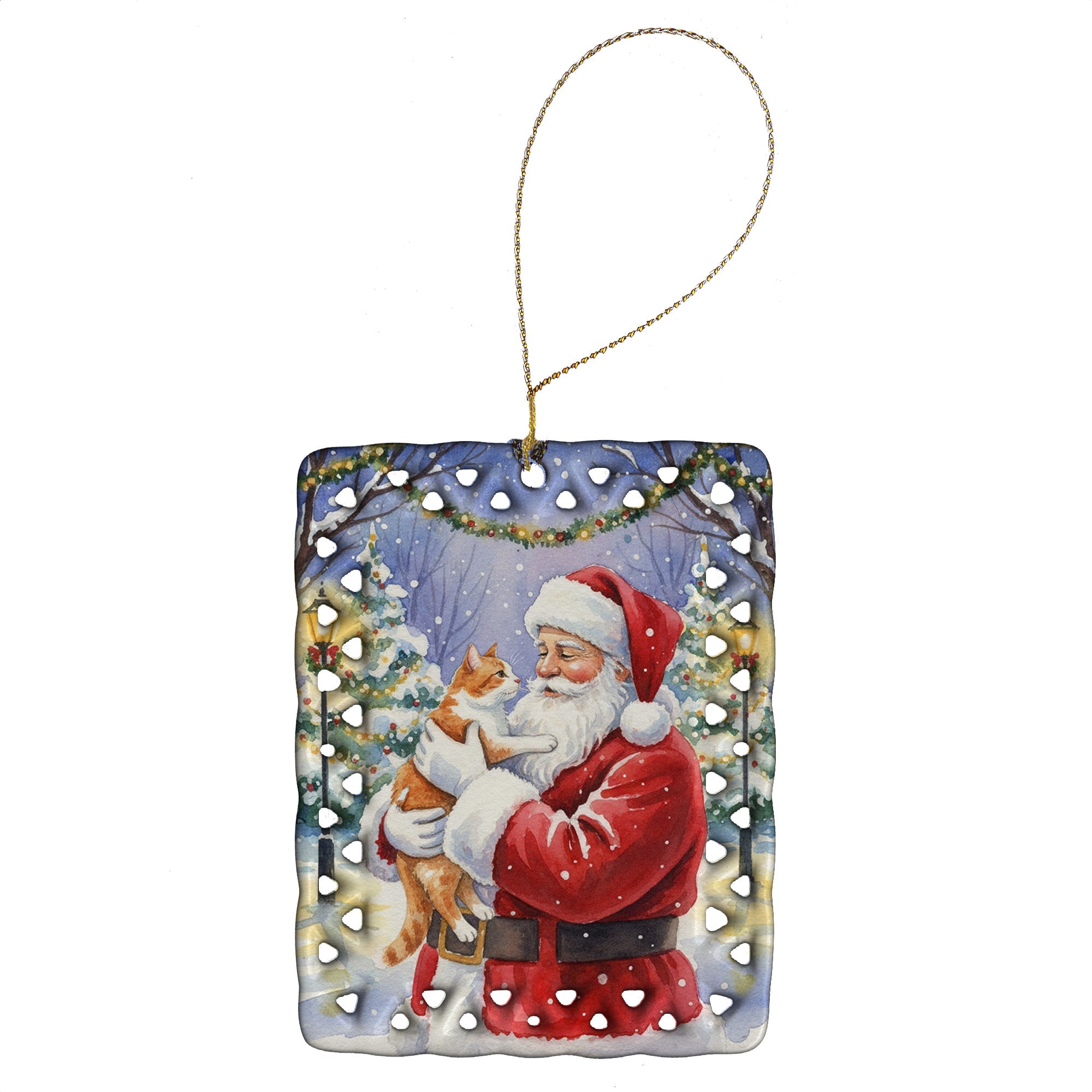 Orange and White Cat with Santa Claus Porcelain Ornament Christmas Tree Hanging Decorations for Home Christmas Holiday, Rectangle, Gift, Multicolor