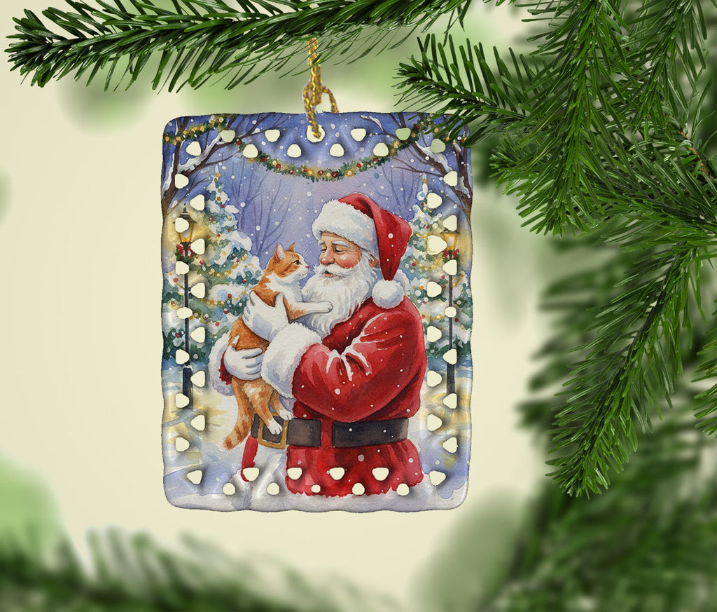 Orange and White Cat with Santa Claus Porcelain Ornament Christmas Tree Hanging Decorations for Home Christmas Holiday, Rectangle, Gift, Multicolor