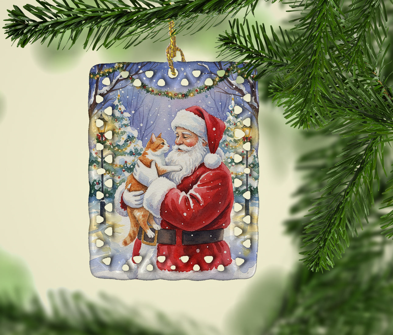Orange and White Cat with Santa Claus Porcelain Ornament Christmas Tree Hanging Decorations for Home Christmas Holiday, Rectangle, Gift, Multicolor