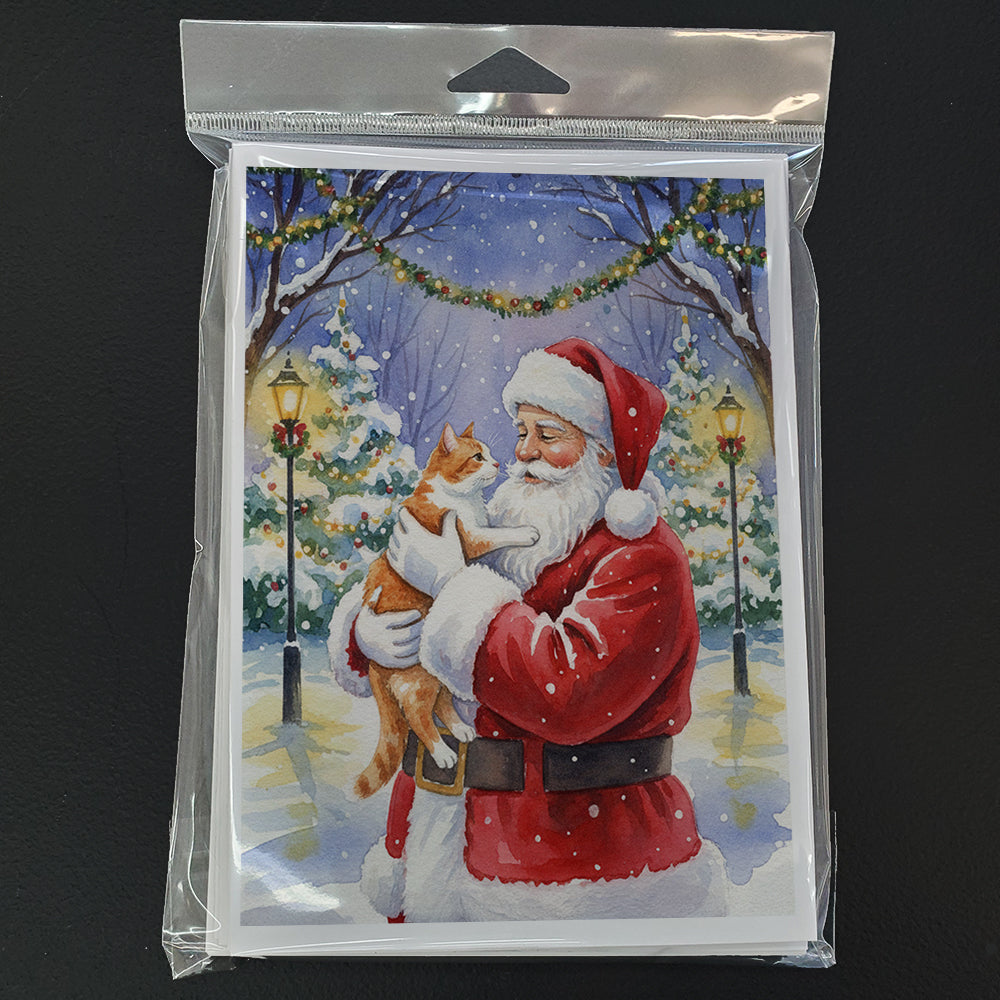 Orange and White Cat with Santa Claus Greeting Cards Pack of 8 Blank Cards with Envelopes Whimsical A7 Size 5x7