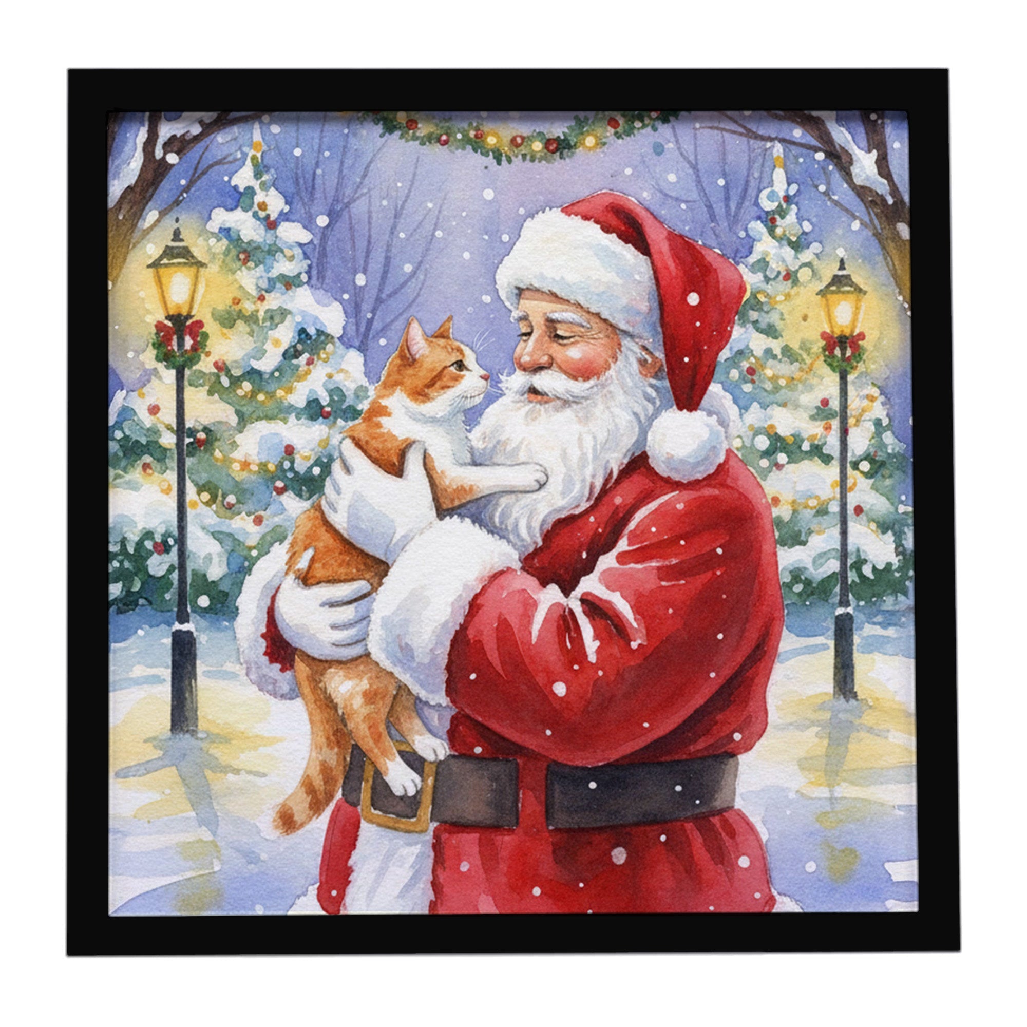 Orange and White Cat with Santa Claus Framed Metal Print Bathroom, Kitchen, Office, Home Decor Wall Art Ready to Hang, Square, 8X8