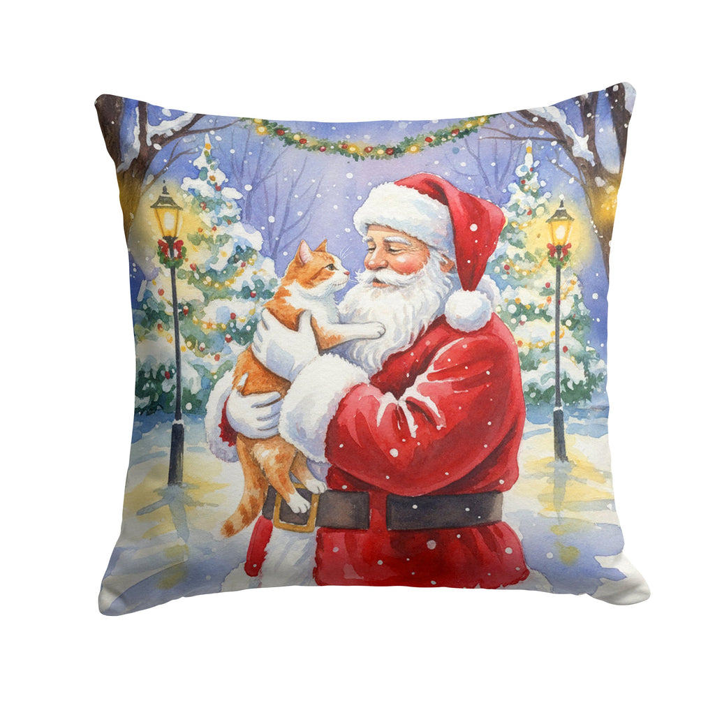 Orange and White Cat with Santa Claus Decorative Throw Pillow 14x14 Indoor Outdoor Accent Cushion, Fabric Cover with Insert for Sofa, Bed, Porch & Living Room