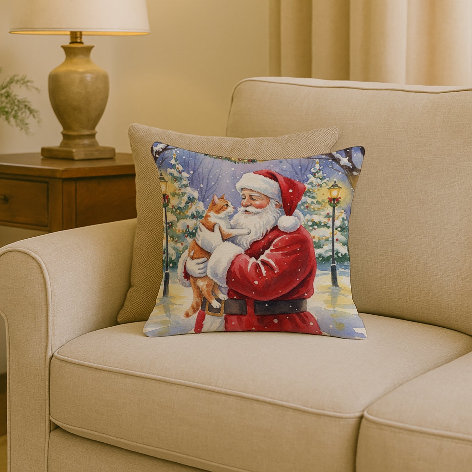 Orange and White Cat with Santa Claus Decorative Throw Pillow 18x18 Indoor Outdoor Accent Cushion, Fabric Cover with Insert for Sofa, Bed, Porch & Living Room