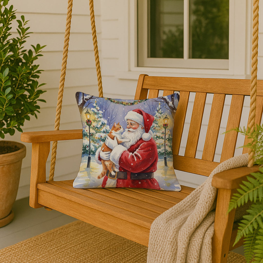 Orange and White Cat with Santa Claus Decorative Throw Pillow 18x18 Indoor Outdoor Accent Cushion, Fabric Cover with Insert for Sofa, Bed, Porch & Living Room