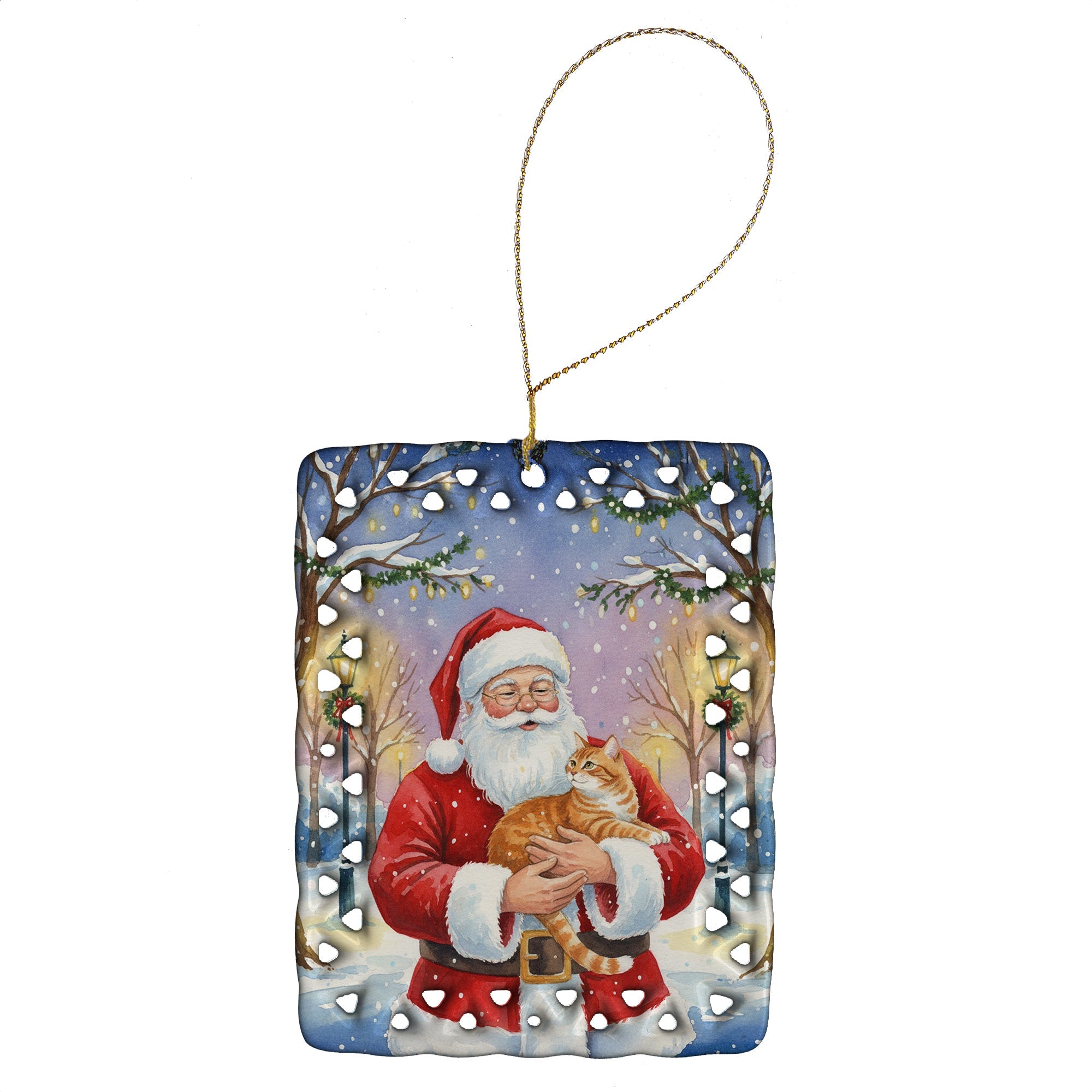 Orange Classic Tabby Cat with Santa Claus Porcelain Ornament Christmas Tree Hanging Decorations for Home Christmas Holiday, Rectangle, Gift, Multicolor