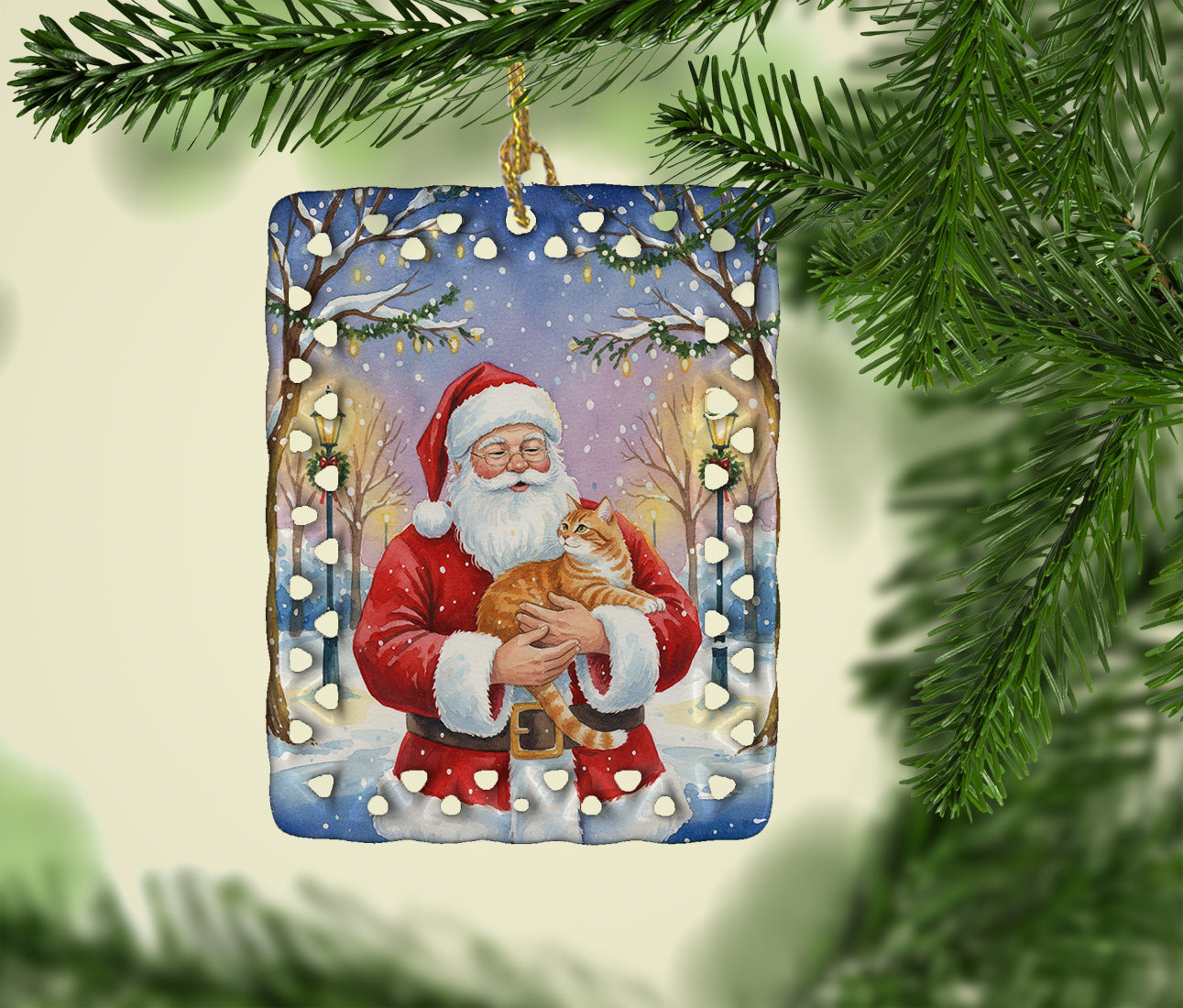 Orange Classic Tabby Cat with Santa Claus Porcelain Ornament Christmas Tree Hanging Decorations for Home Christmas Holiday, Rectangle, Gift, Multicolor