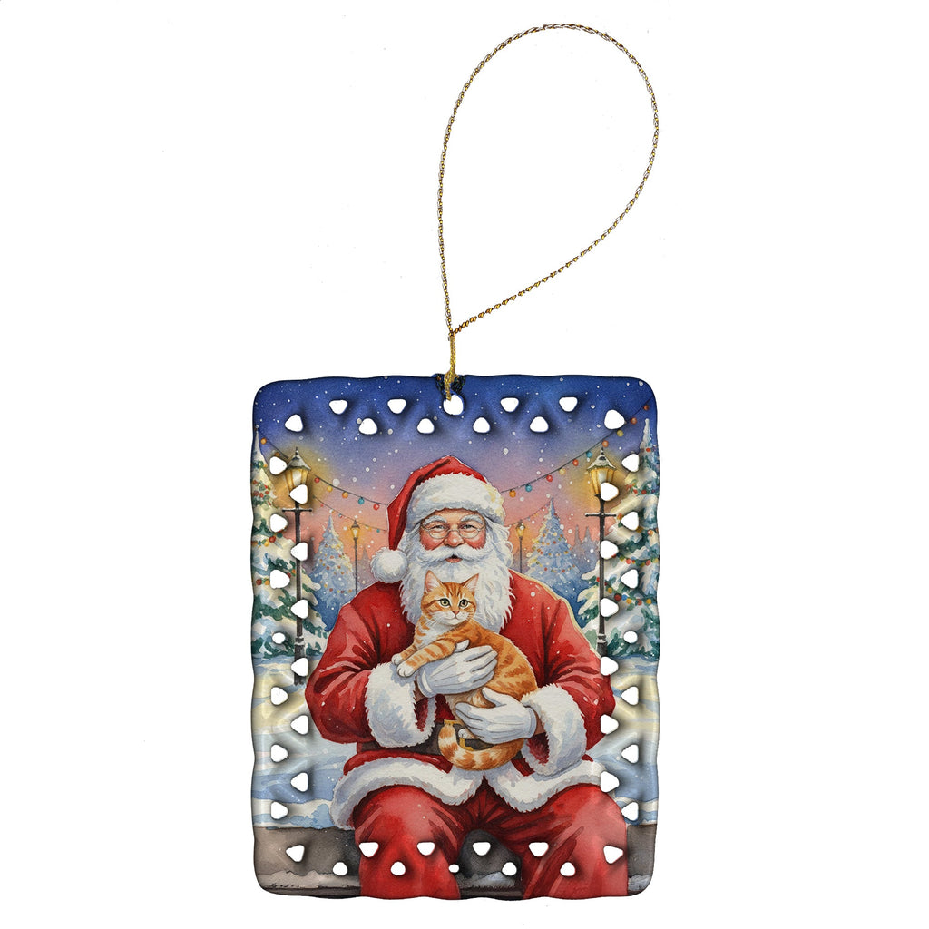 Orange Mackerel Tabby Cat with Santa Claus Porcelain Ornament Christmas Tree Hanging Decorations for Home Christmas Holiday, Rectangle, Gift, Multicolor