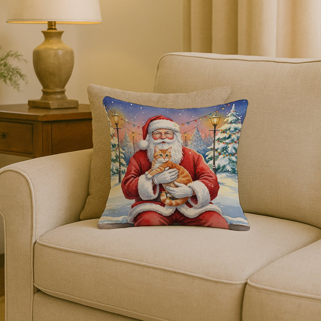 Orange Mackerel Tabby Cat with Santa Claus Decorative Throw Pillow 18x18 Indoor Outdoor Accent Cushion, Fabric Cover with Insert for Sofa, Bed, Porch & Living Room