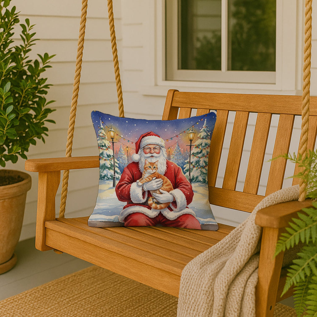 Orange Mackerel Tabby Cat with Santa Claus Decorative Throw Pillow 18x18 Indoor Outdoor Accent Cushion, Fabric Cover with Insert for Sofa, Bed, Porch & Living Room