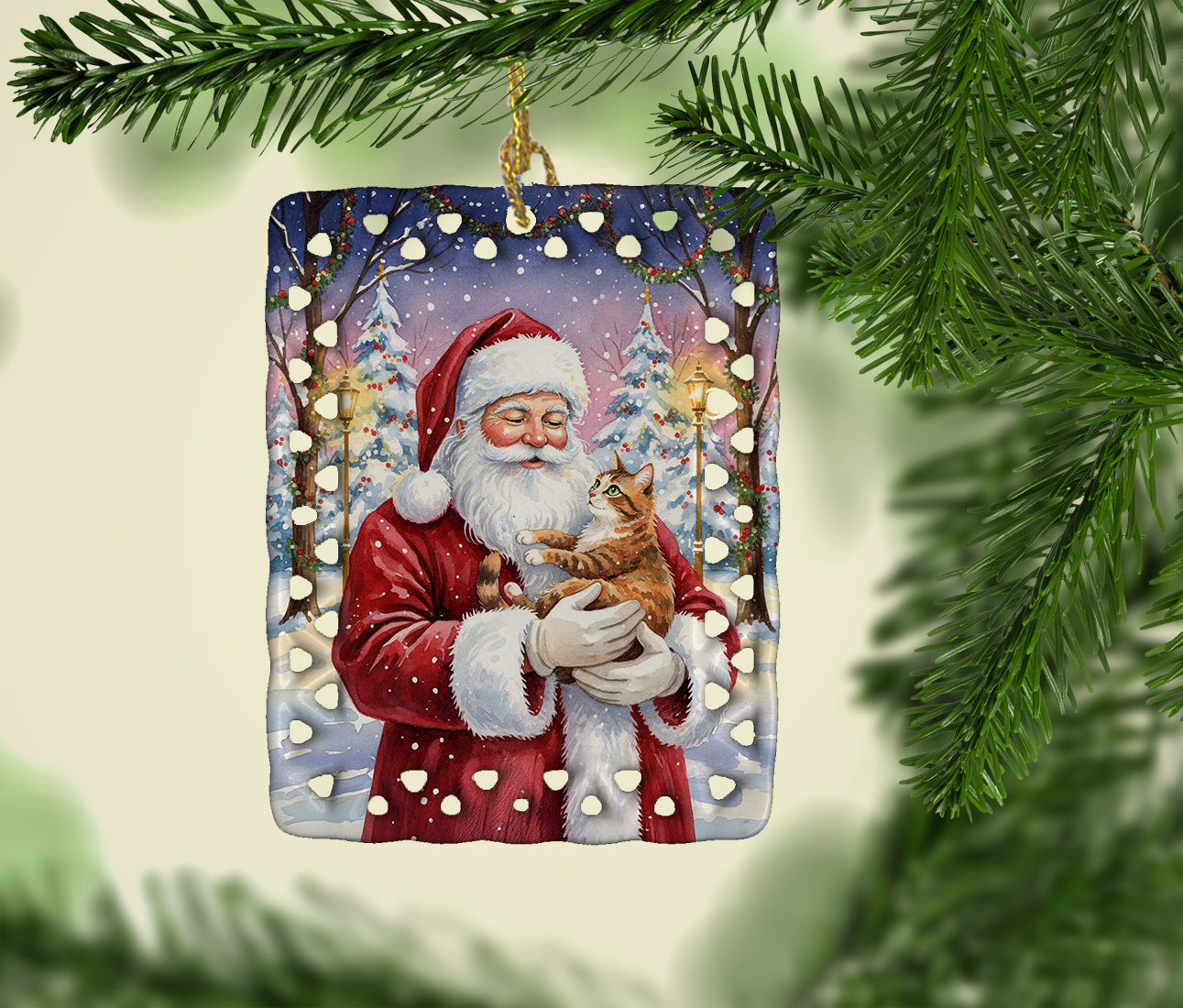 Patched Tabby Cat with Santa Claus Porcelain Ornament Christmas Tree Hanging Decorations for Home Christmas Holiday, Rectangle, Gift, Multicolor