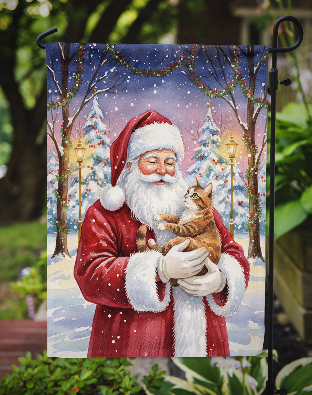 Patched Tabby Cat with Santa Claus Garden Flag Mailbox Decorative Yard Banner Outside Patio Artwork for Flower Beds, Garden Size, Multicolor