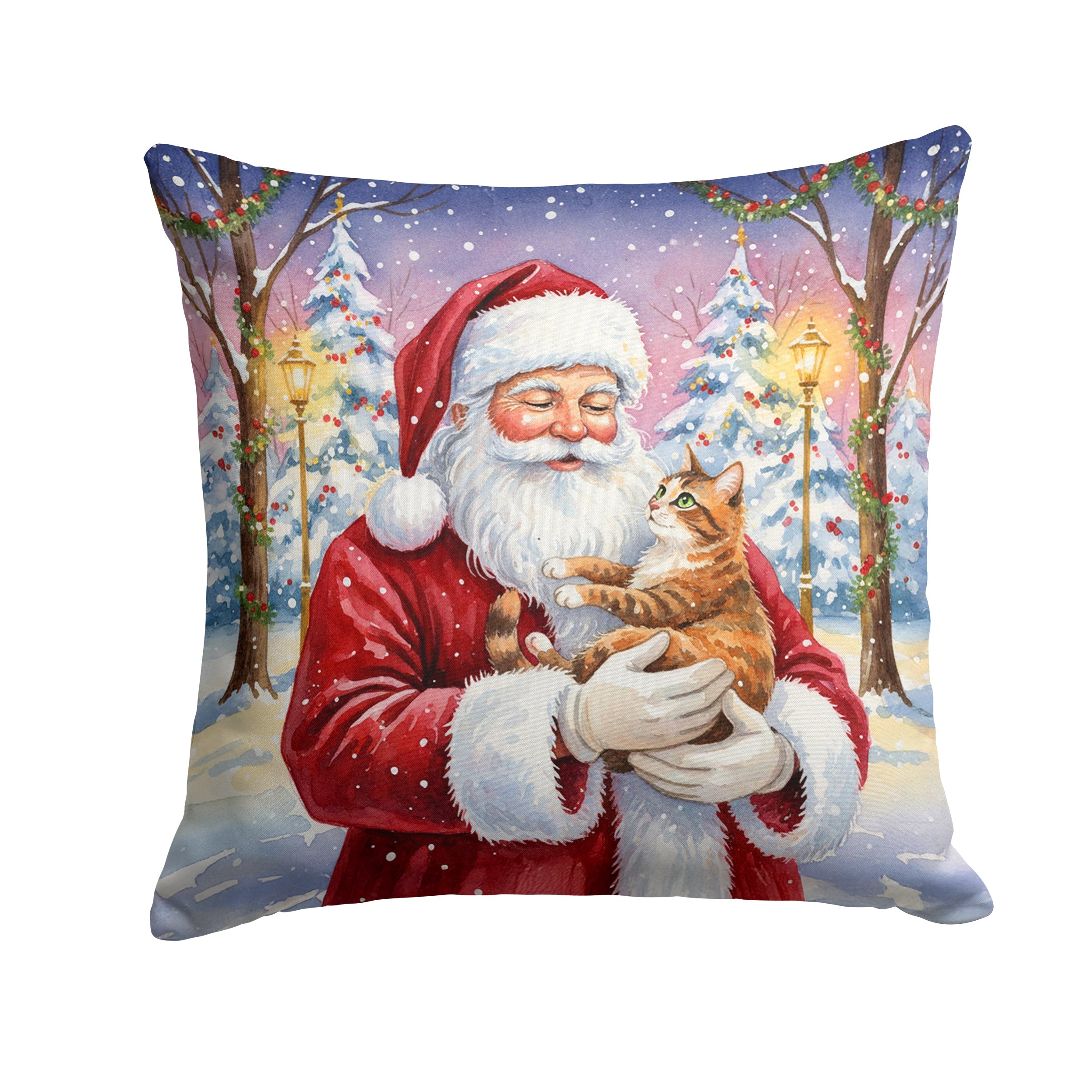 Patched Tabby Cat with Santa Claus Decorative Throw Pillow 18x18 Indoor Outdoor Accent Cushion, Fabric Cover with Insert for Sofa, Bed, Porch & Living Room