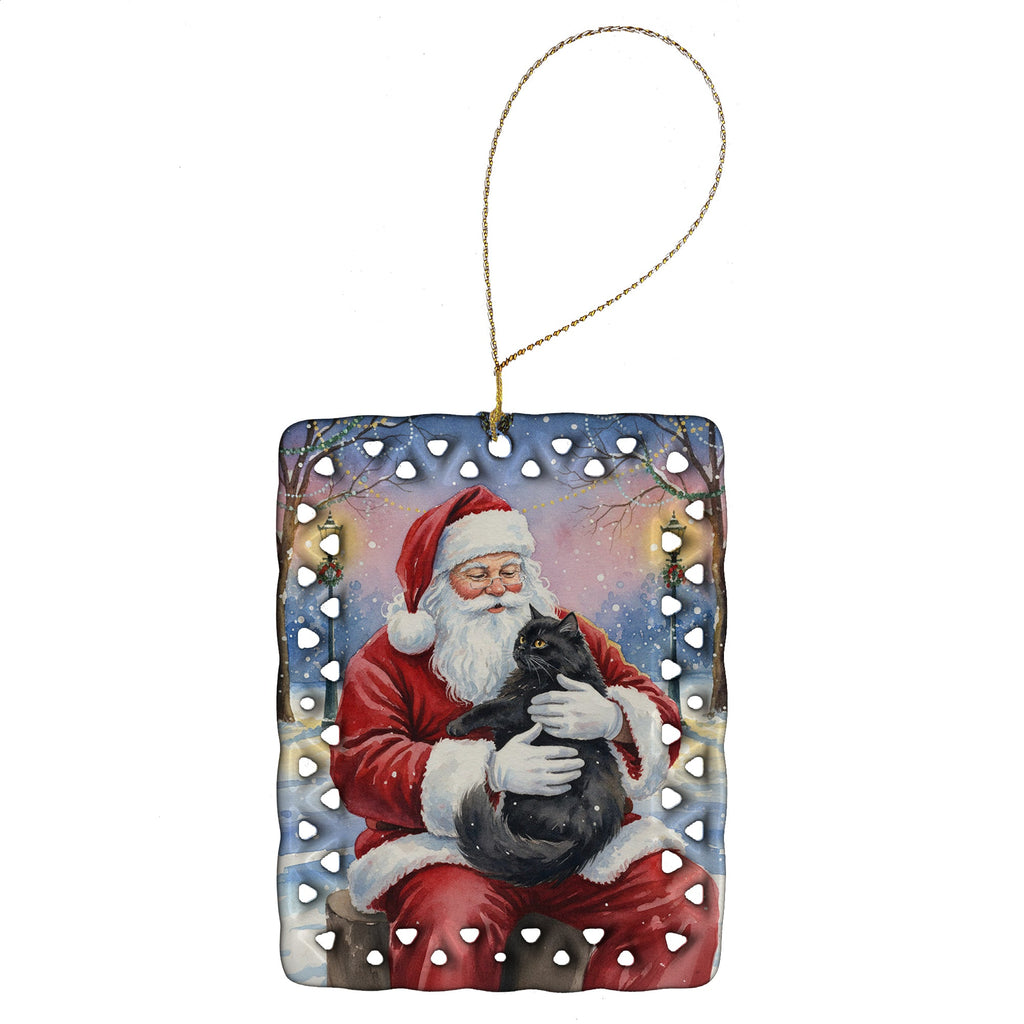 Persian Black Cat with Santa Claus Porcelain Ornament Christmas Tree Hanging Decorations for Home Christmas Holiday, Rectangle, Gift, Multicolor