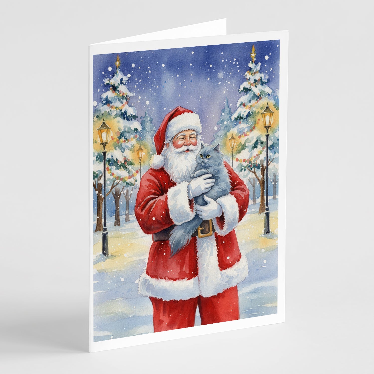 Persian Blue Cat with Santa Claus Greeting Cards Pack of 8 Blank Cards with Envelopes Whimsical A7 Size 5x7