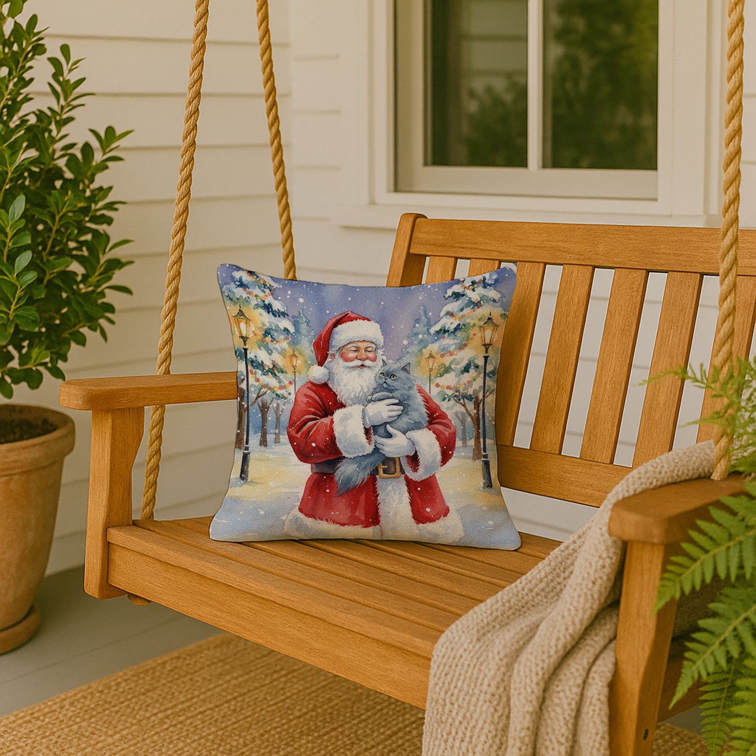 Persian Blue Cat with Santa Claus Decorative Throw Pillow 18x18 Indoor Outdoor Accent Cushion, Fabric Cover with Insert for Sofa, Bed, Porch & Living Room