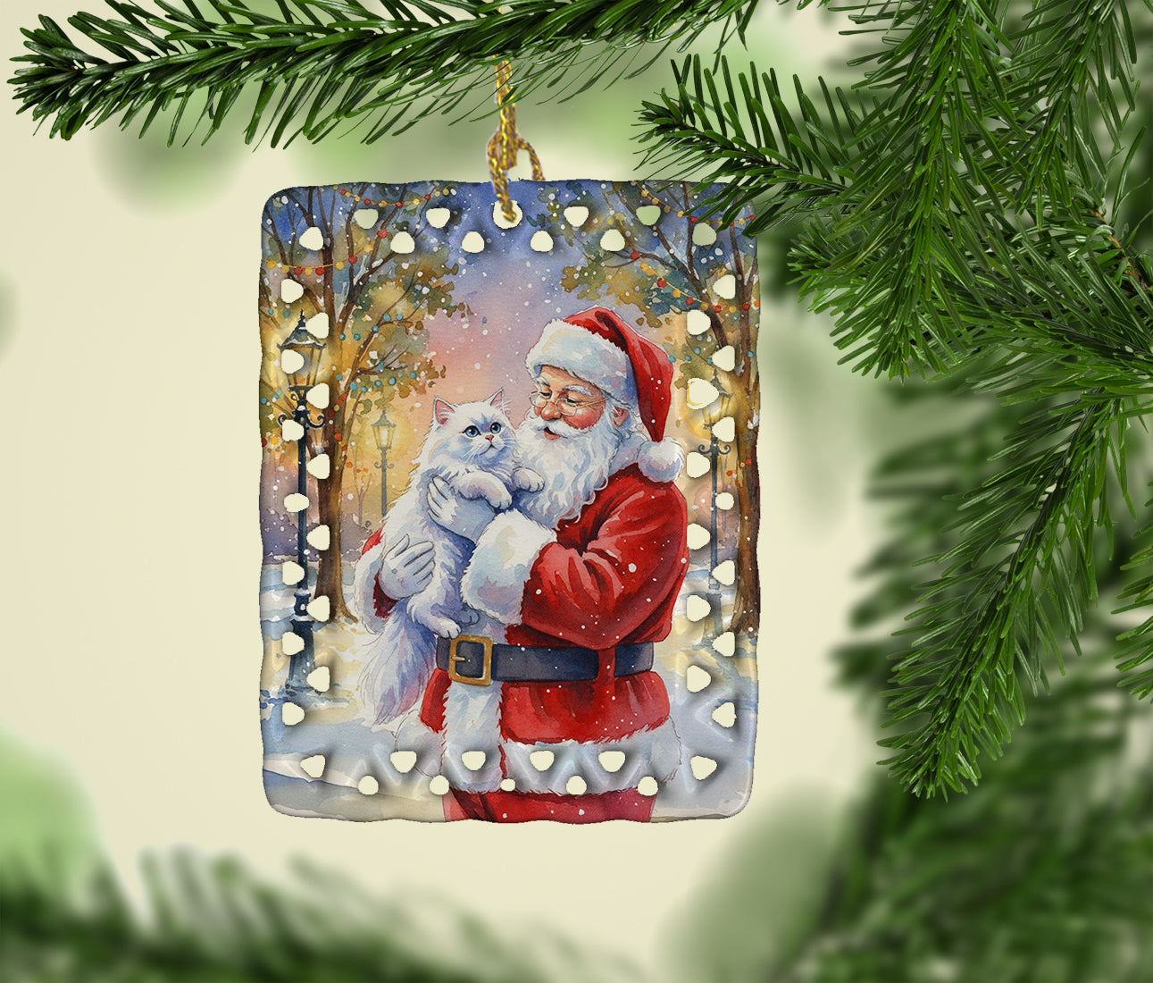Persian White Cat with Santa Claus Porcelain Ornament Christmas Tree Hanging Decorations for Home Christmas Holiday, Rectangle, Gift, Multicolor