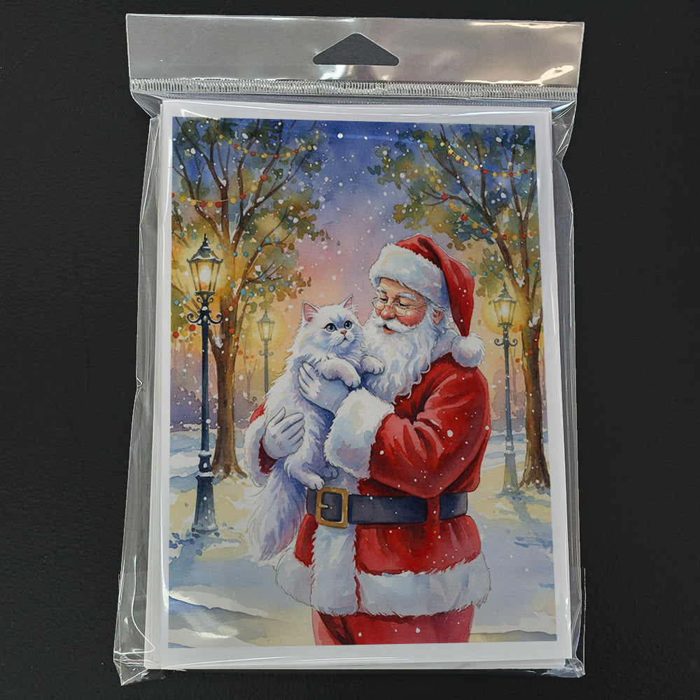 Persian White Cat with Santa Claus Greeting Cards Pack of 8 Blank Cards with Envelopes Whimsical A7 Size 5x7