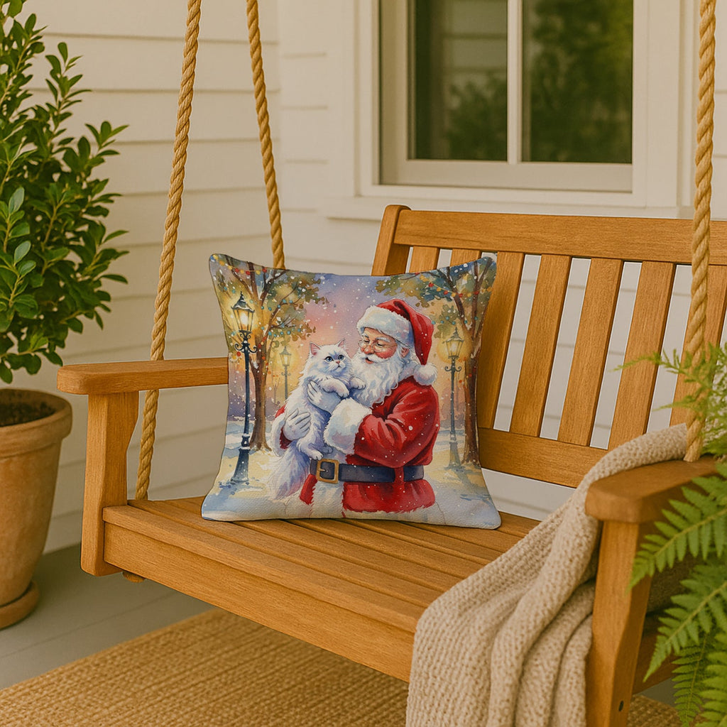 Persian White Cat with Santa Claus Decorative Throw Pillow 18x18 Indoor Outdoor Accent Cushion, Fabric Cover with Insert for Sofa, Bed, Porch & Living Room