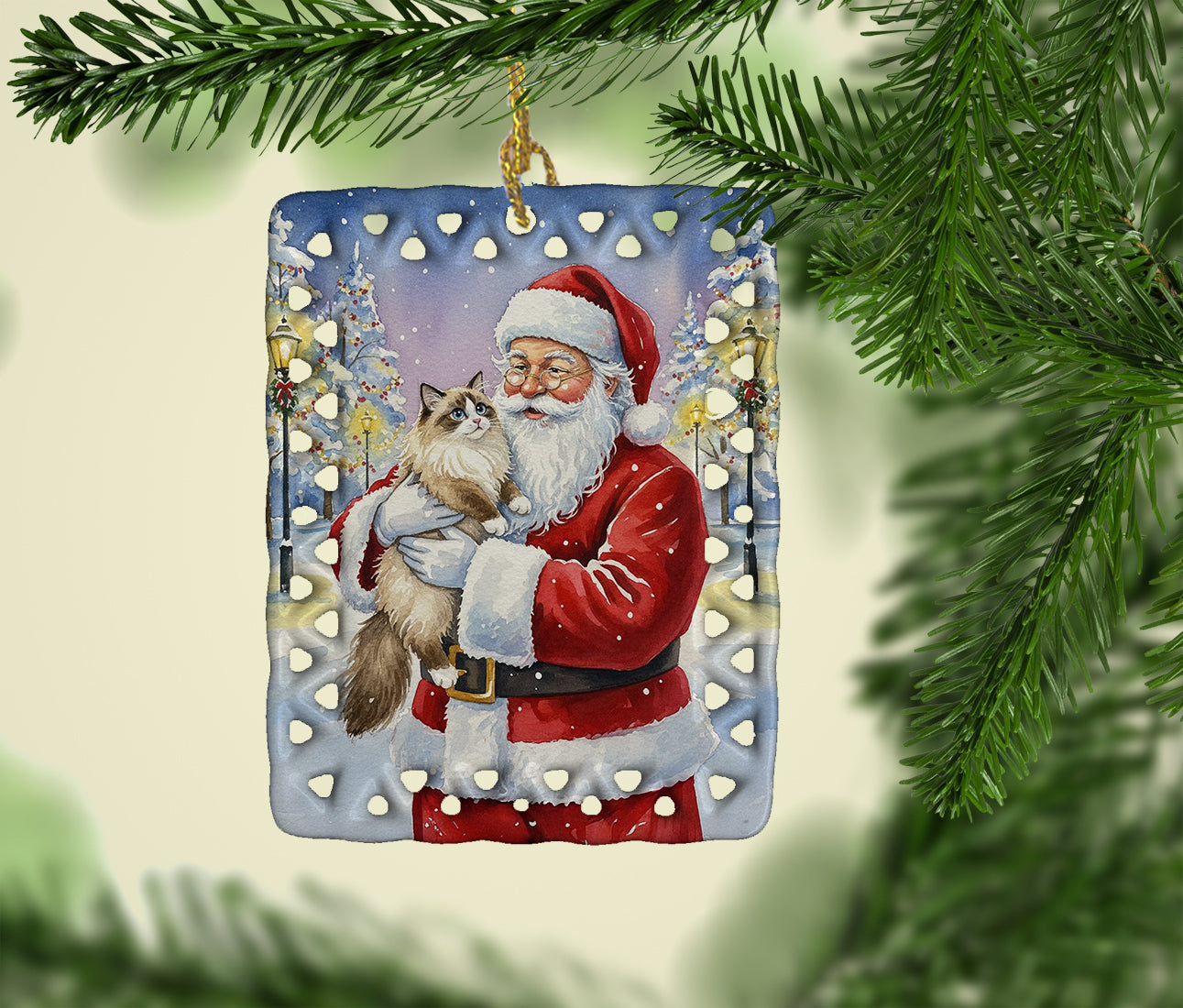 Ragdoll Bicolor Cat with Santa Claus Porcelain Ornament Christmas Tree Hanging Decorations for Home Christmas Holiday, Rectangle, Gift, Multicolor