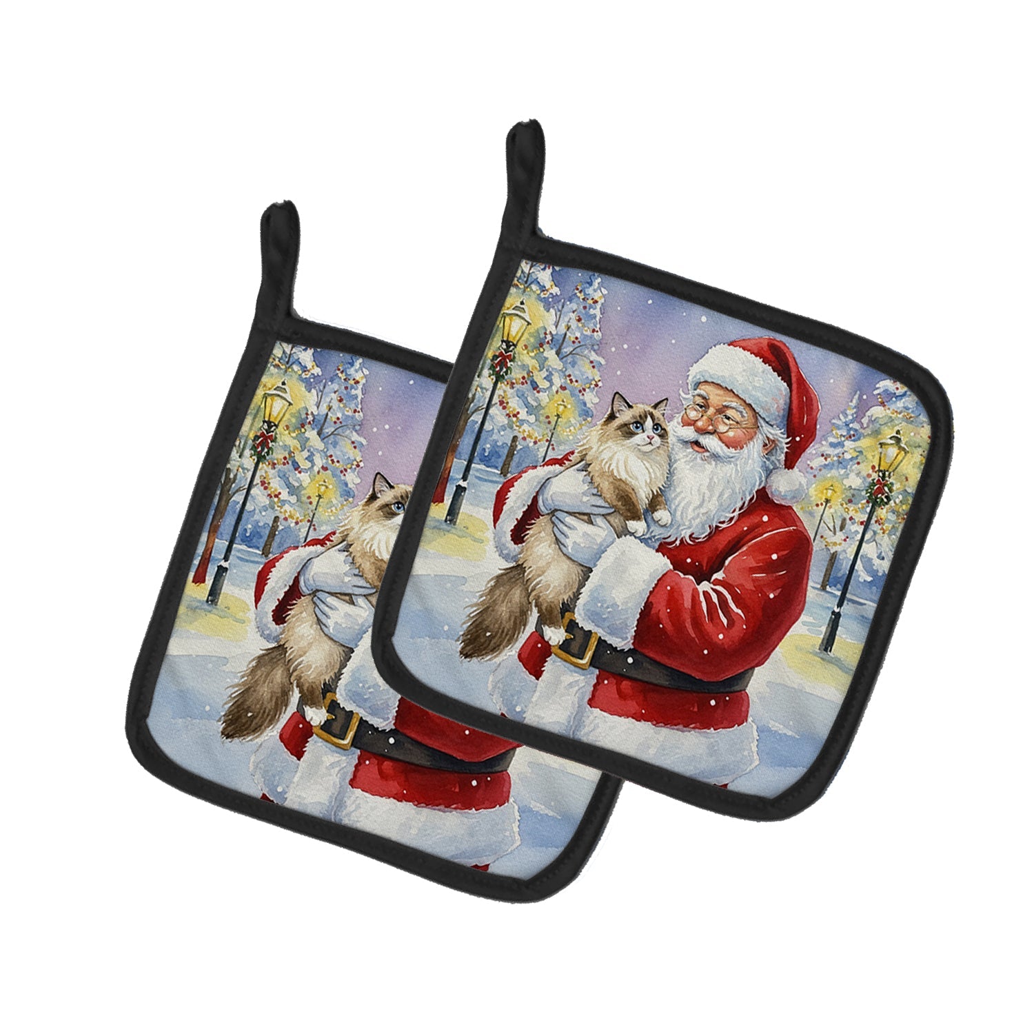 Ragdoll Bicolor Cat with Santa Claus Pot Holder Set of 2 Heat Resistant Quilted Hot Pads 7.5 x 7.5 Inch, Insulated Kitchen Trivets for Cooking & Baking
