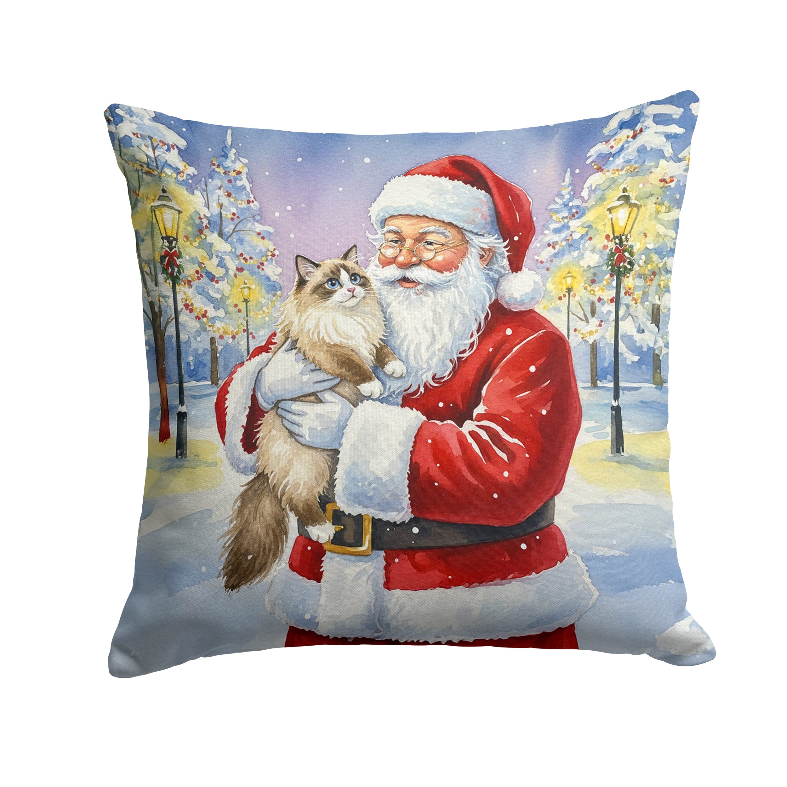 Ragdoll Bicolor Cat with Santa Claus Decorative Throw Pillow 14x14 Indoor Outdoor Accent Cushion, Fabric Cover with Insert for Sofa, Bed, Porch & Living Room