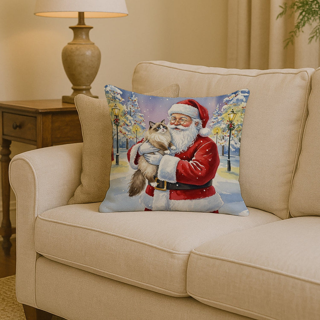 Ragdoll Bicolor Cat with Santa Claus Decorative Throw Pillow 14x14 Indoor Outdoor Accent Cushion, Fabric Cover with Insert for Sofa, Bed, Porch & Living Room
