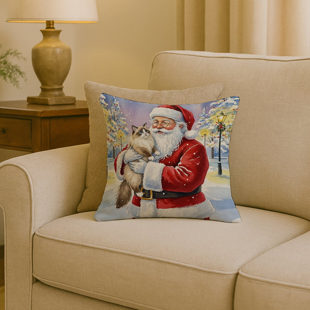 Ragdoll Bicolor Cat with Santa Claus Decorative Throw Pillow 18x18 Indoor Outdoor Accent Cushion, Fabric Cover with Insert for Sofa, Bed, Porch & Living Room