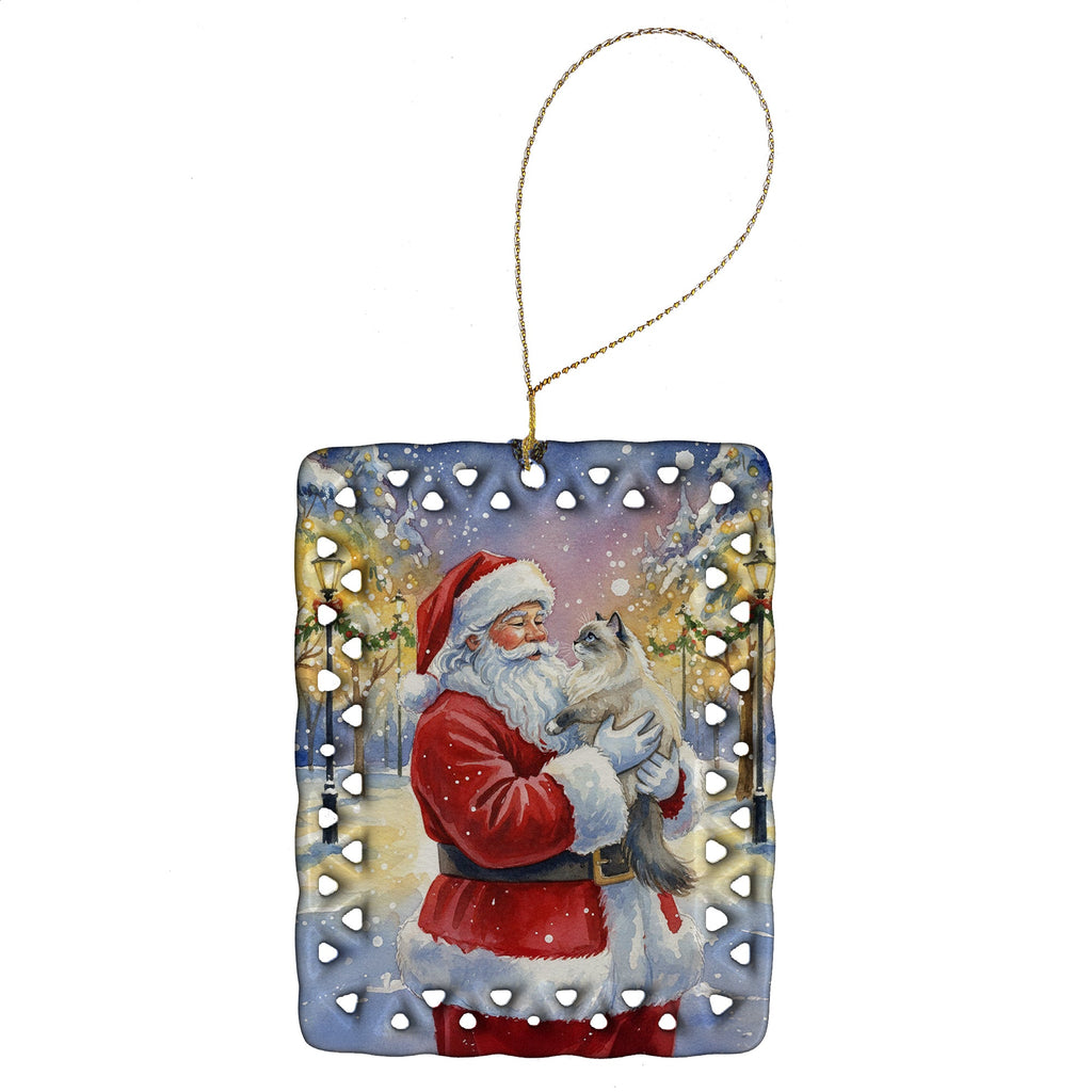 Ragdoll Blue Point Cat with Santa Claus Porcelain Ornament Christmas Tree Hanging Decorations for Home Christmas Holiday, Rectangle, Gift, Multicolor