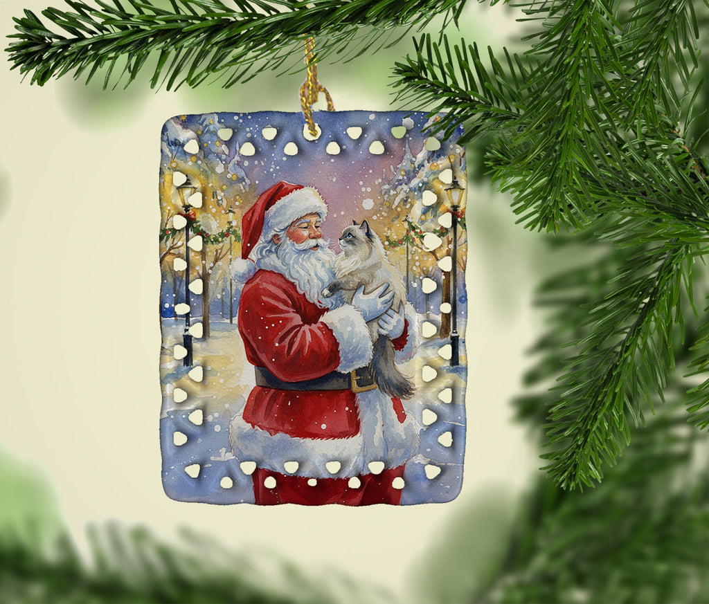 Ragdoll Blue Point Cat with Santa Claus Porcelain Ornament Christmas Tree Hanging Decorations for Home Christmas Holiday, Rectangle, Gift, Multicolor