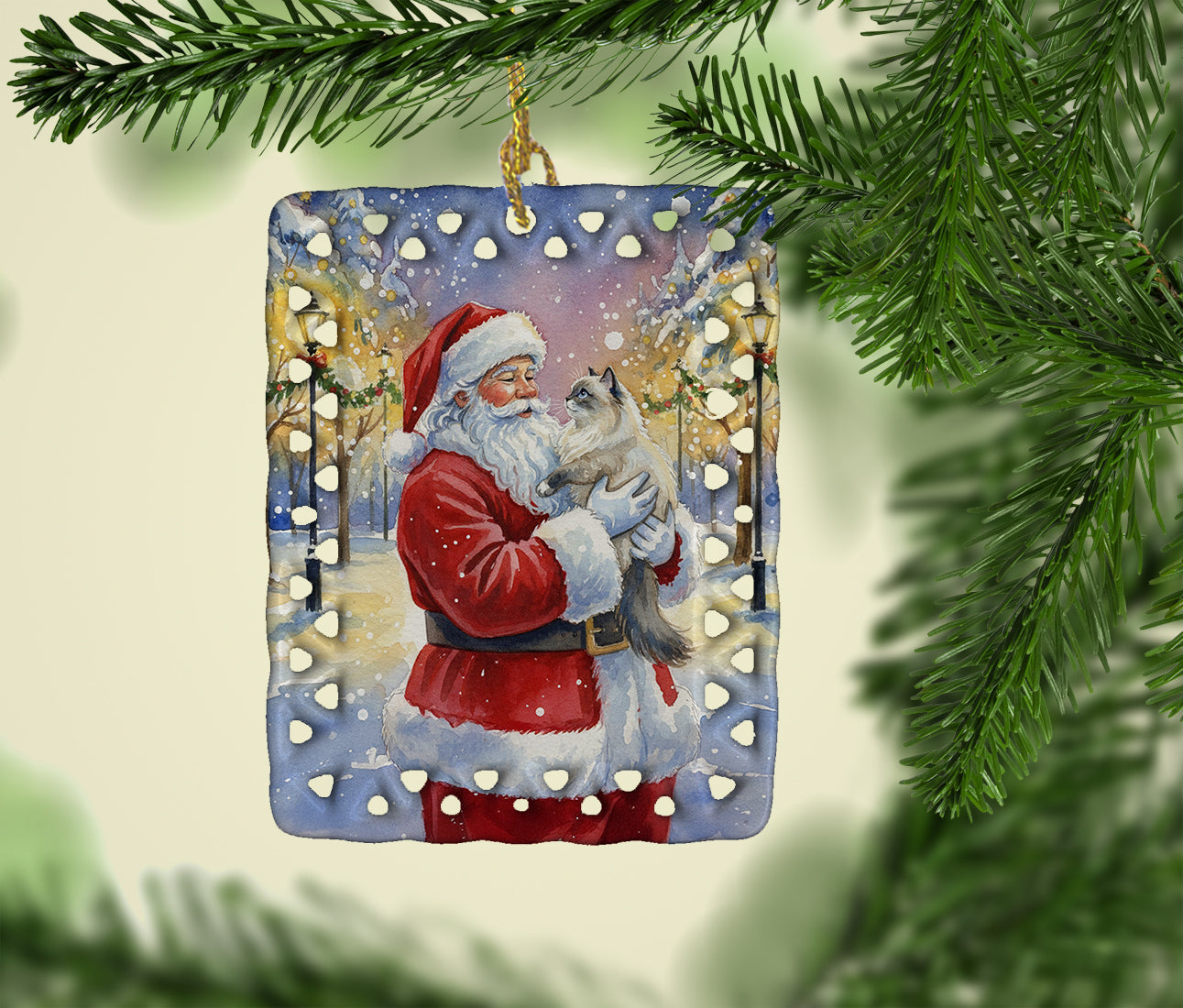 Ragdoll Blue Point Cat with Santa Claus Porcelain Ornament Christmas Tree Hanging Decorations for Home Christmas Holiday, Rectangle, Gift, Multicolor