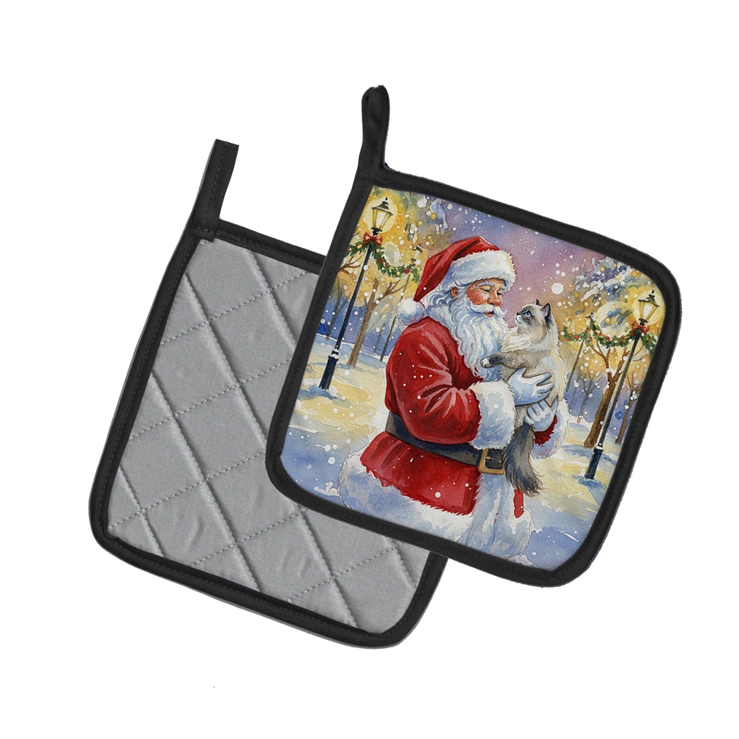 Ragdoll Blue Point Cat with Santa Claus Pot Holder Set of 2 Heat Resistant Quilted Hot Pads 7.5 x 7.5 Inch, Insulated Kitchen Trivets for Cooking & Baking