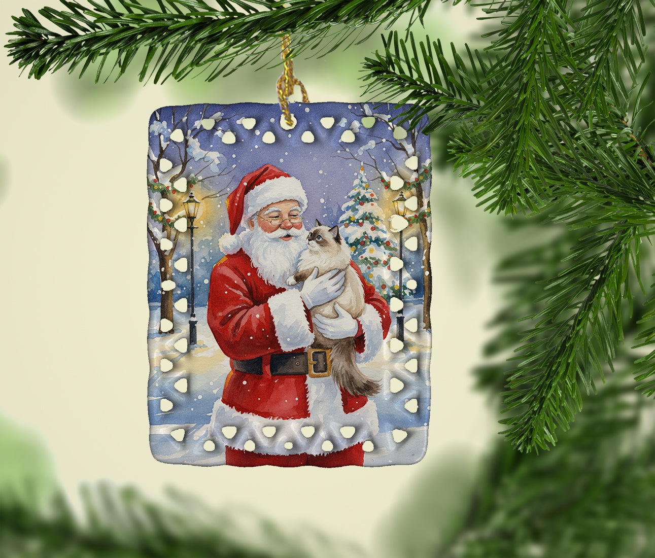 Ragdoll Cat with Santa Claus Porcelain Ornament Christmas Tree Hanging Decorations for Home Christmas Holiday, Rectangle, Gift, Multicolor