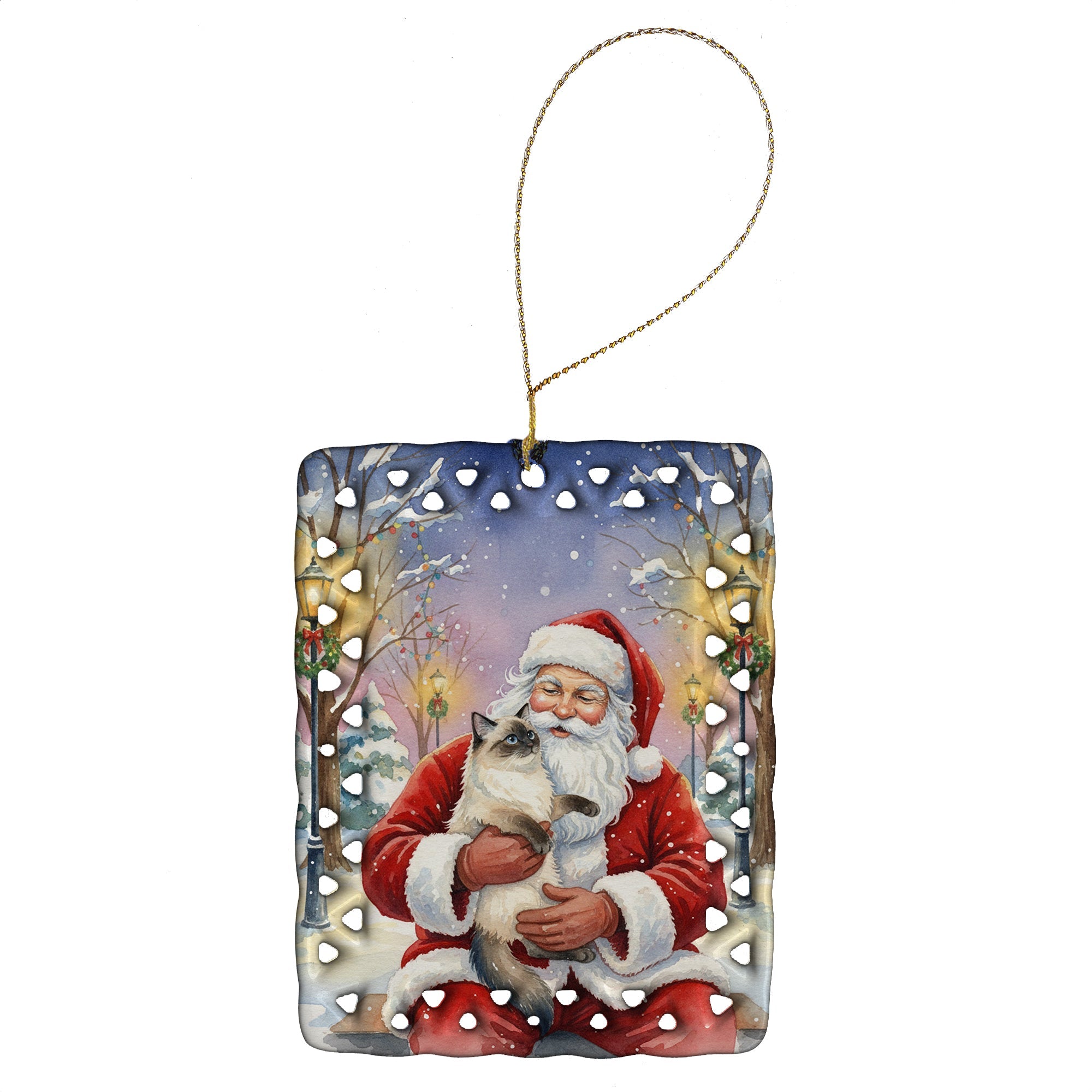 Ragdoll Seal Point with Santa Claus Porcelain Ornament Christmas Tree Hanging Decorations for Home Christmas Holiday, Rectangle, Gift, Multicolor