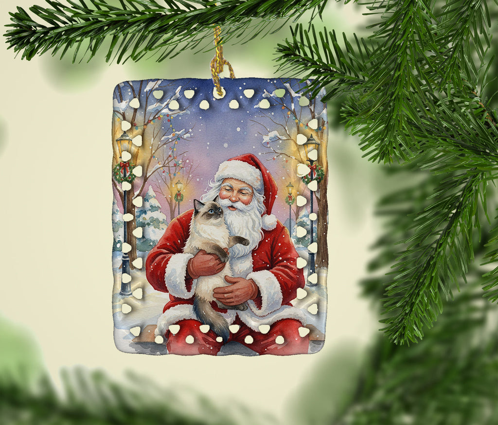 Ragdoll Seal Point with Santa Claus Porcelain Ornament Christmas Tree Hanging Decorations for Home Christmas Holiday, Rectangle, Gift, Multicolor