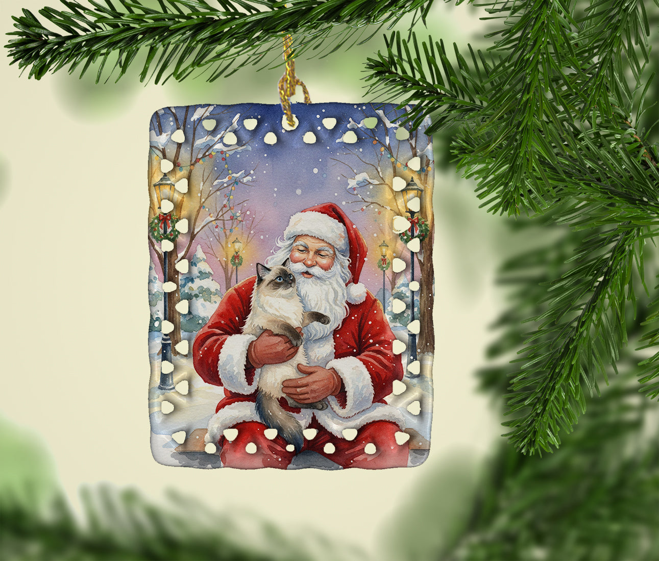 Ragdoll Seal Point with Santa Claus Porcelain Ornament Christmas Tree Hanging Decorations for Home Christmas Holiday, Rectangle, Gift, Multicolor