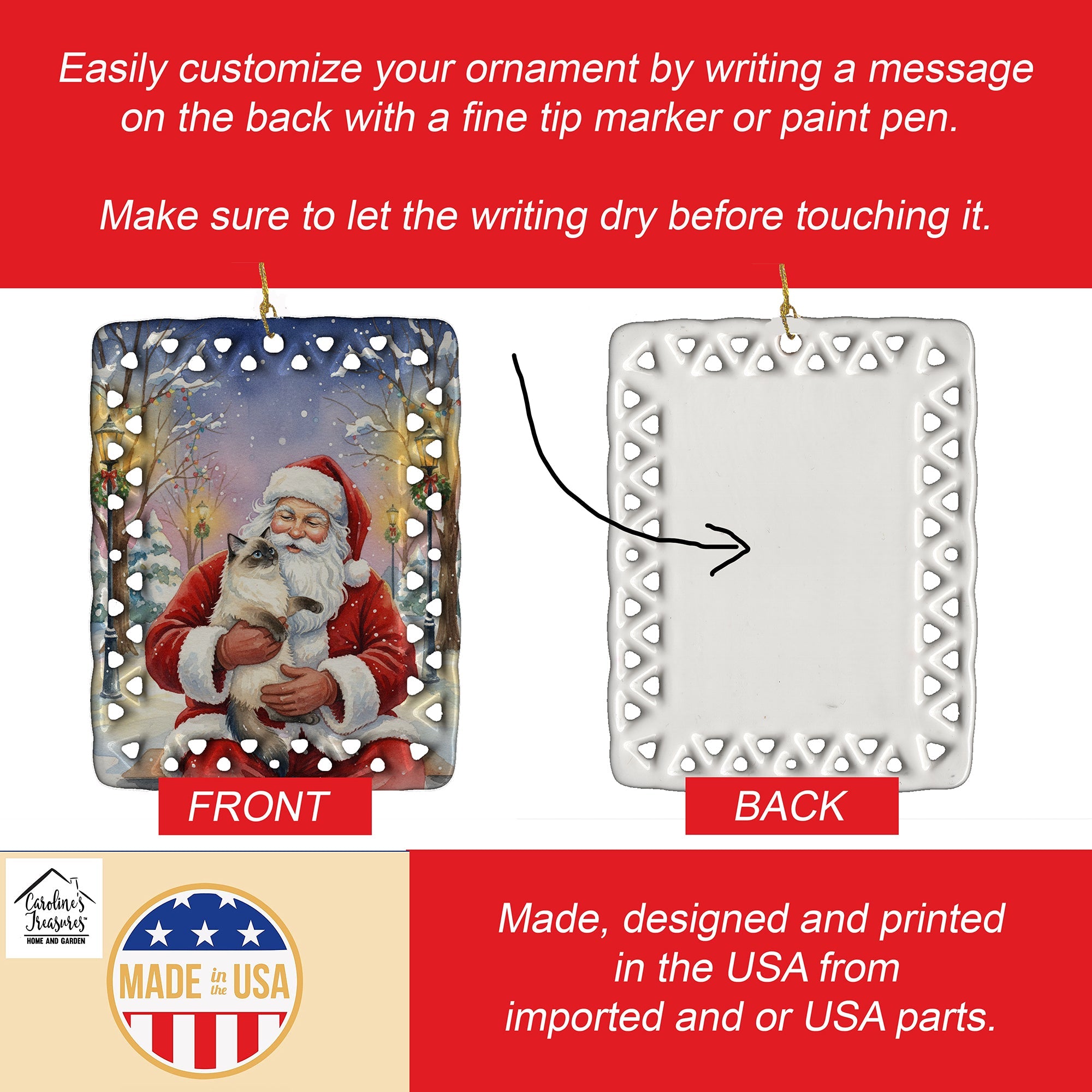Ragdoll Seal Point with Santa Claus Porcelain Ornament Christmas Tree Hanging Decorations for Home Christmas Holiday, Rectangle, Gift, Multicolor
