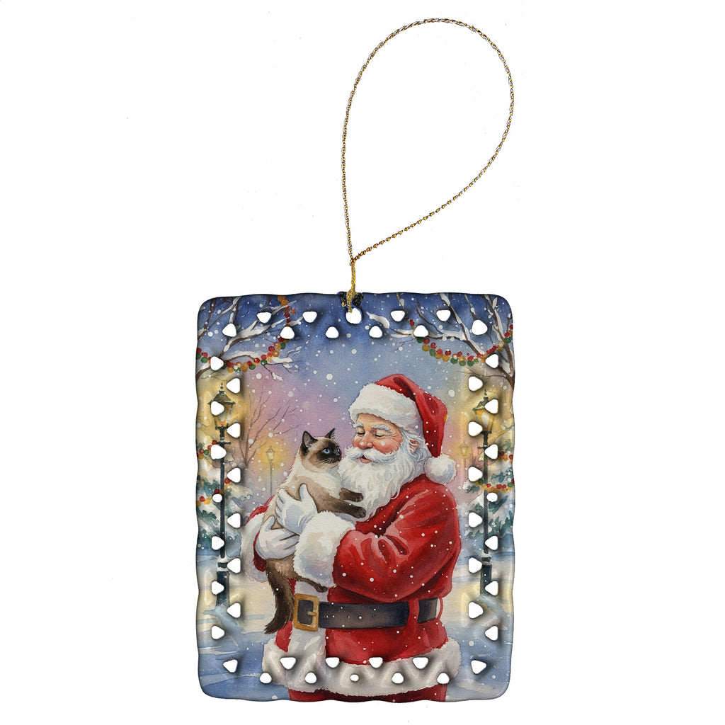 Seal Point Cat with Santa Claus Porcelain Ornament Christmas Tree Hanging Decorations for Home Christmas Holiday, Rectangle, Gift, Multicolor