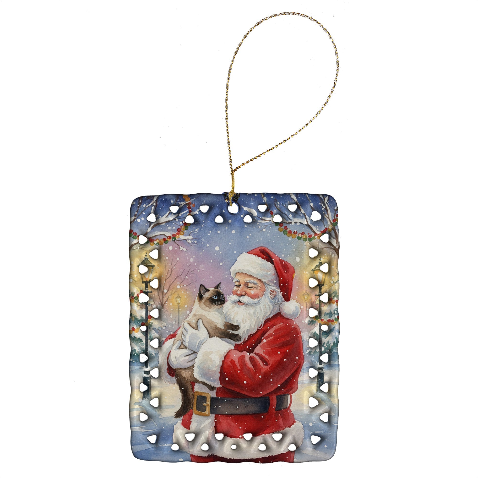 Seal Point Cat with Santa Claus Porcelain Ornament Christmas Tree Hanging Decorations for Home Christmas Holiday, Rectangle, Gift, Multicolor